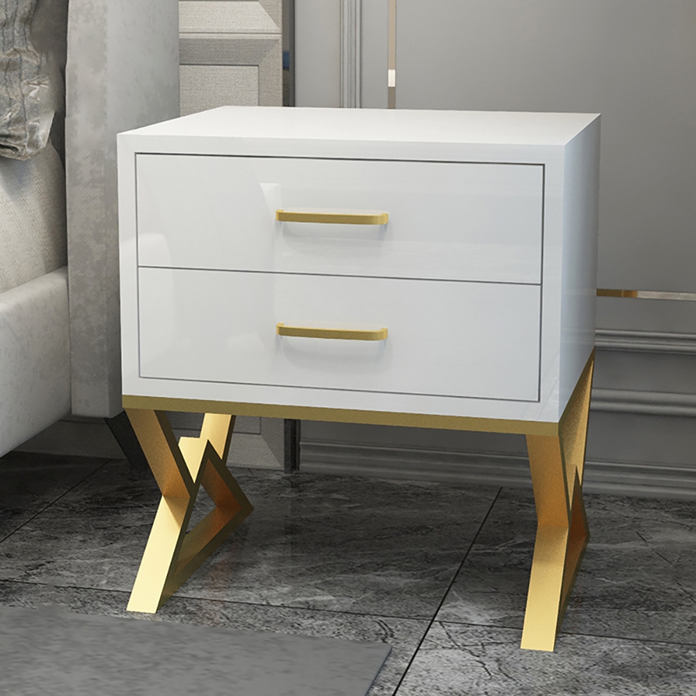 

Nordic White Nightstand 2-Drawer Bedside Table Gold Finish