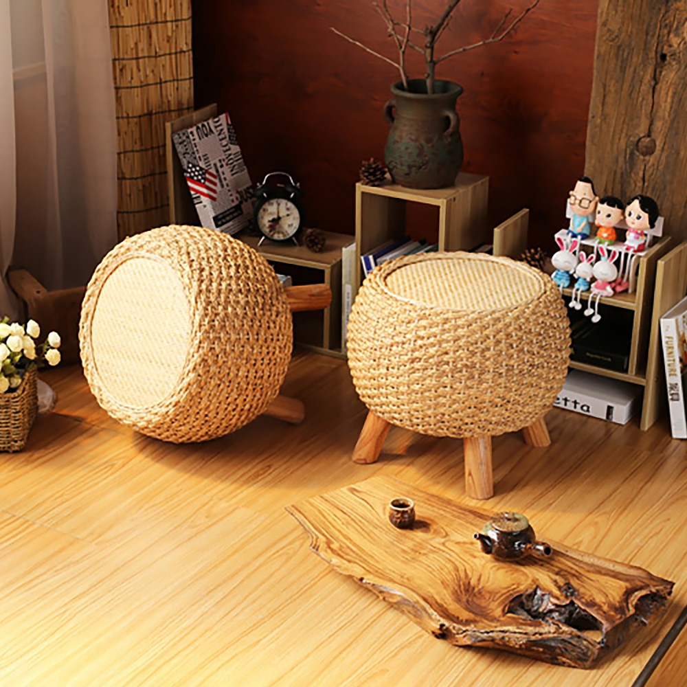 355.6mm Natural Ratten Round Ottoman Rustic End Table