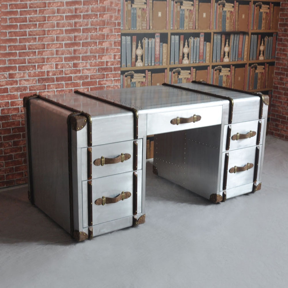 Industrial Aviator Office Desk with Drawers Aluminum Desk