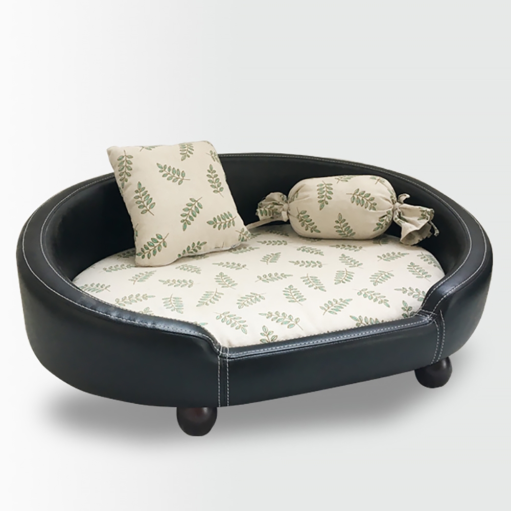 27.5" Modern Black Oval Dog Bed Pu Leather With Cushioned Pad & Pillows