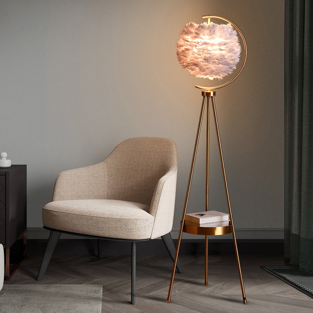 Modern Gold Feather Floor Lamp with Shelf Tripod Stand Lamp