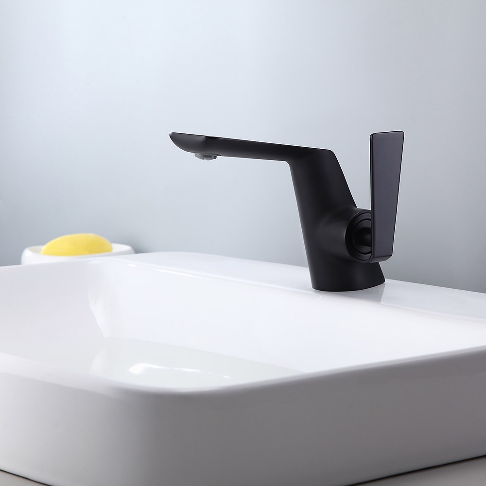 Contemporary Single Flat Handle One Hole Bathroom Sink Faucet Solid