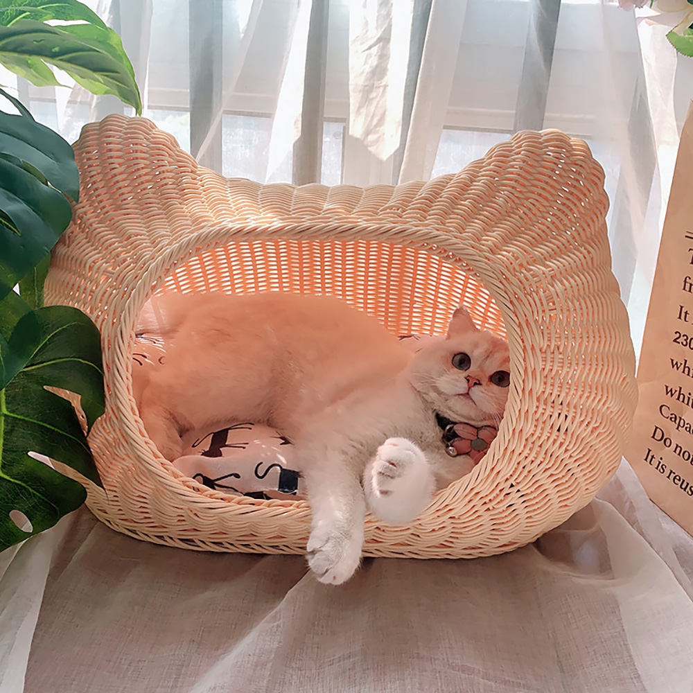21.7" Rattan Cat Bed Woven Cat-shape Dome Cat Cave In Coffee