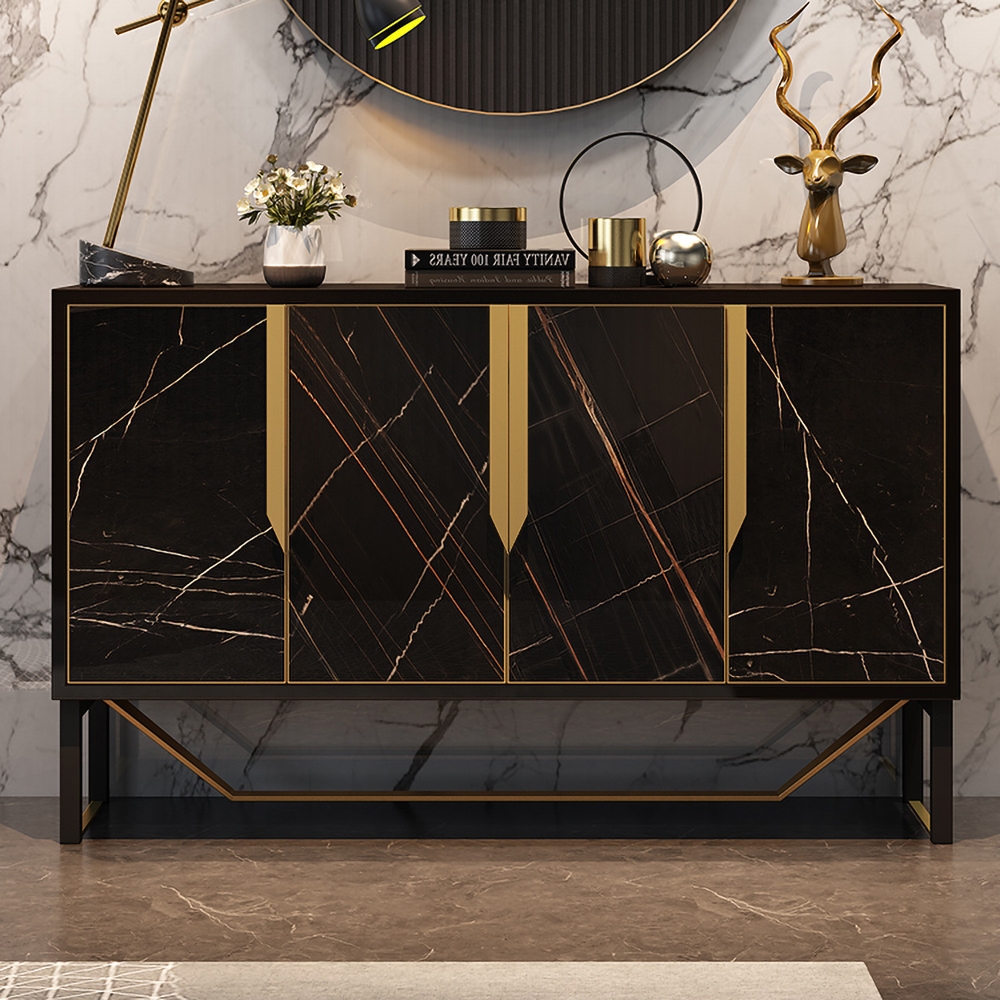 

47" Modern Black Sideboard Buffet Tempered Glass Top with 4 Doors 6 Shelves in Small