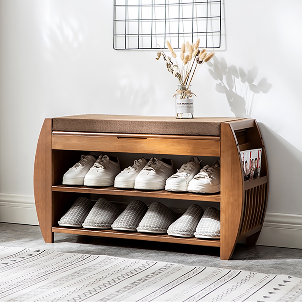 820mm Upholstered Bench with Flip Top Storage and 2 Shelves Shoe Rack Bench