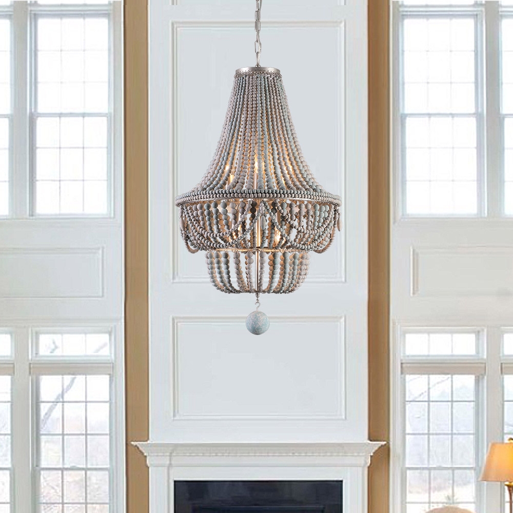

Katia Retro Classic Wood Beaded Basket Metal Frame 8-Light Chandelier in Gray & Blue
