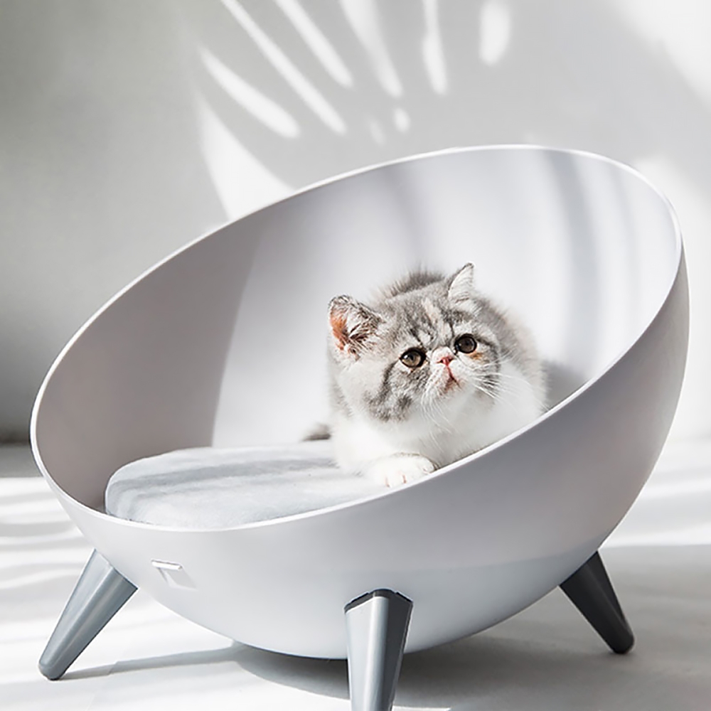 15.7" Ball Chair Bowl-shape Cat Bed Round Nest In White With Gray Cushioned Pad