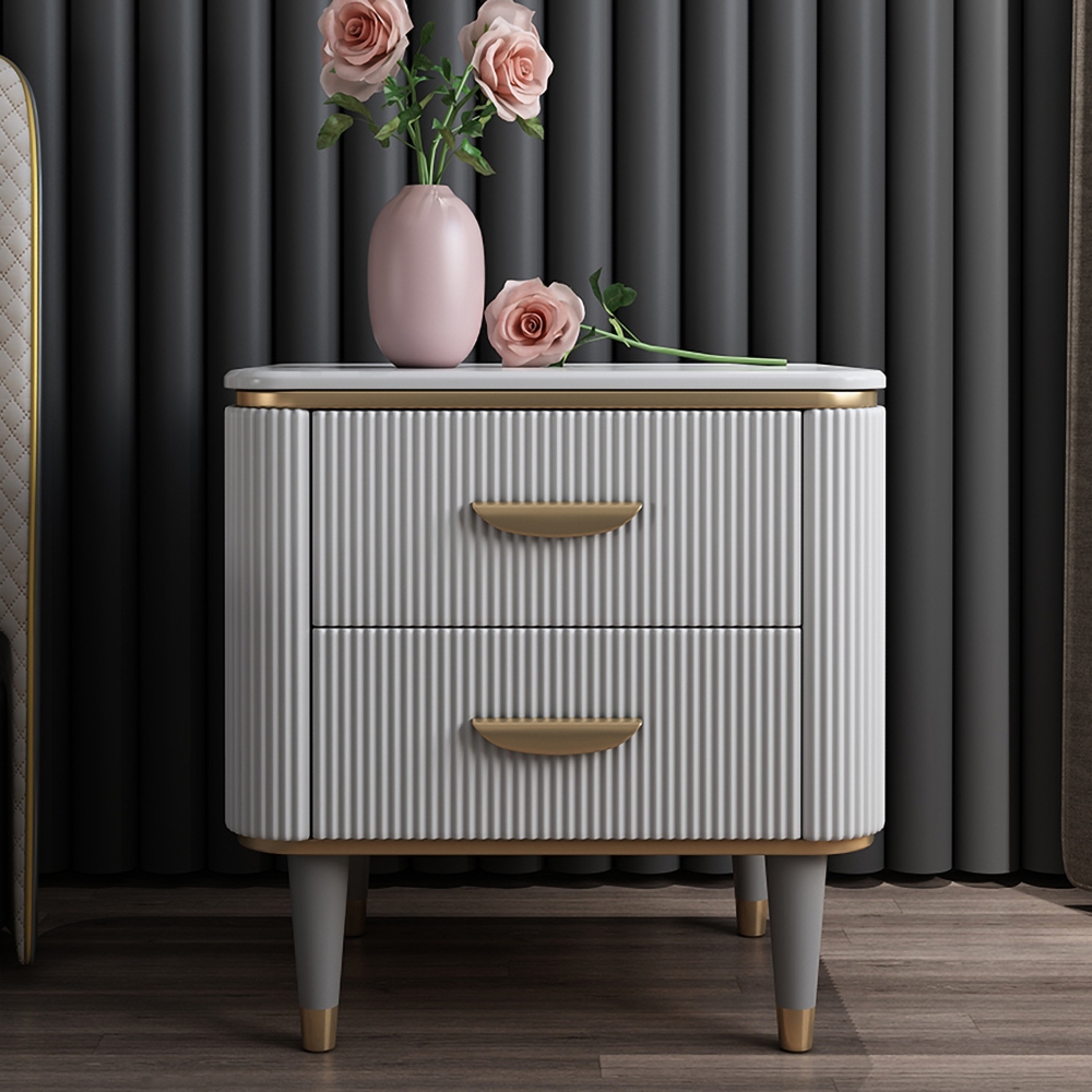 

White Nightstand 2 Drawers Faux Marble Top Bedside Cabinet with Gold Pulls