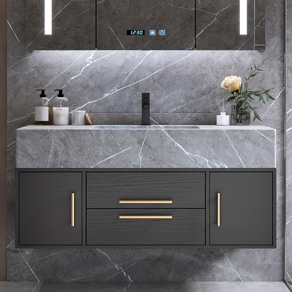 Modern 1000mm Floating Black Bathroom Vanity Stone Top Wall Mounted Bathroom Cabinet