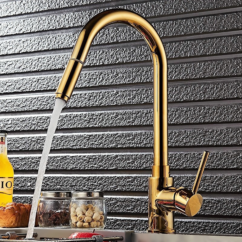 Luxurious High-Arc Single Handle 1-Hole Solid Brass Pull-out Spray Kitchen Faucet