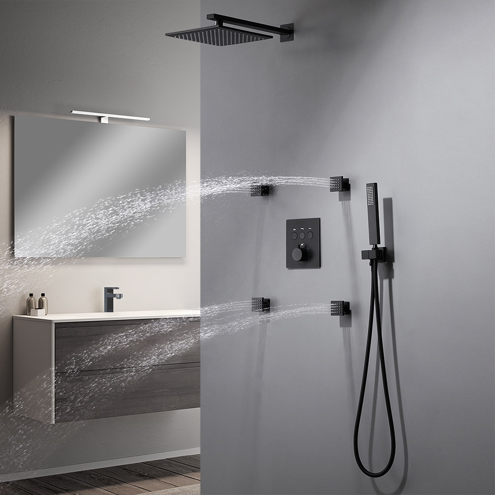 8'' Thermostatic Shower System Black Shower Head with 4 Body Jets and