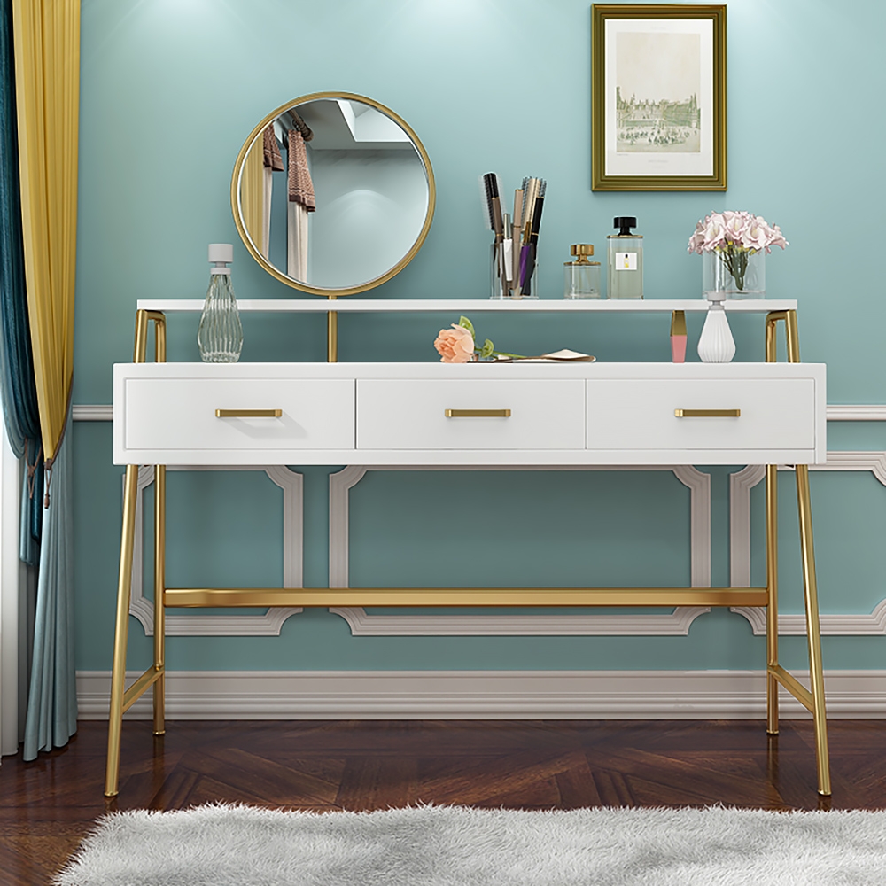 White gold makeup vanity with mirror top shelf dressing table with 3 drawers