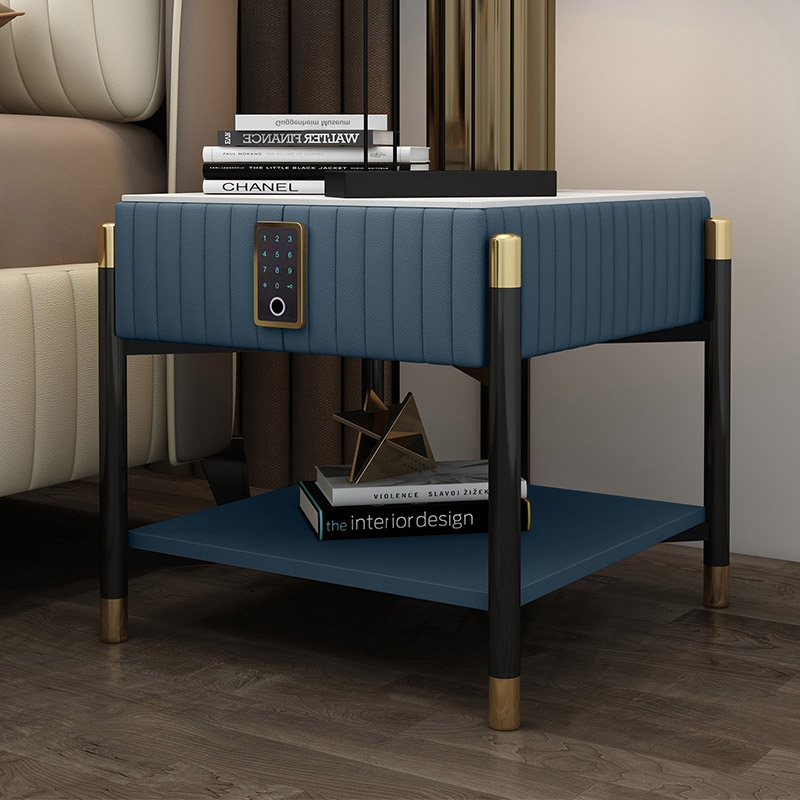 Blue Upholstered Bedside Table 1-Drawer Nightstands with Electronic Lock