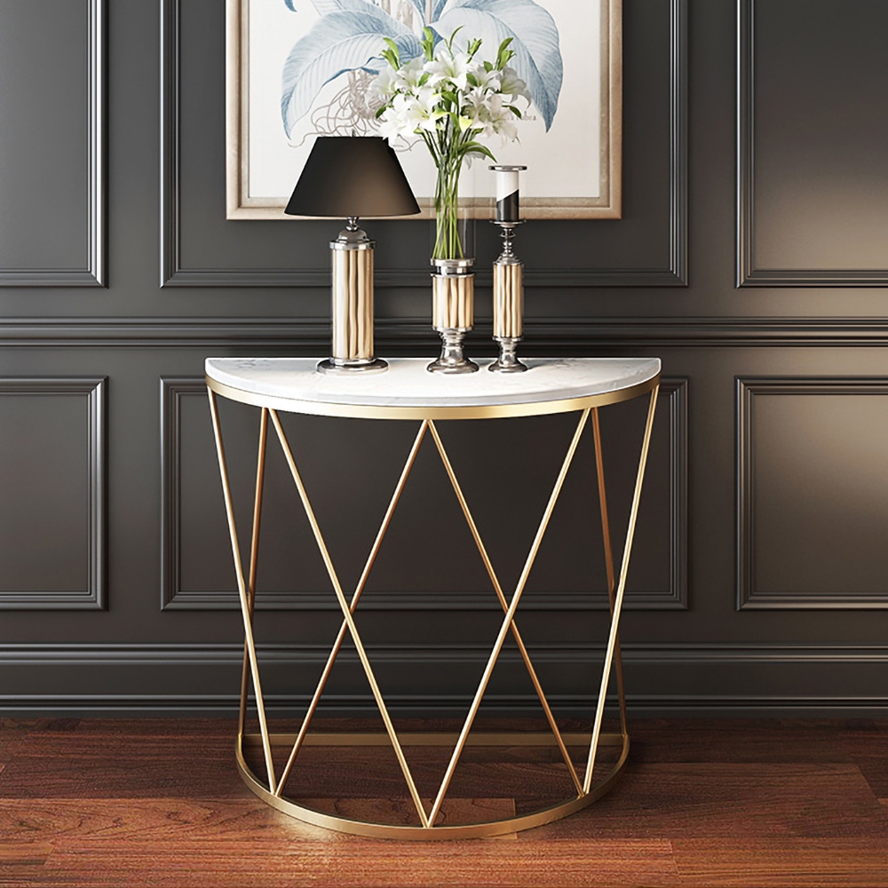Modern Luxury Faux Marble Narrow Console Table Semicircle Table Gold