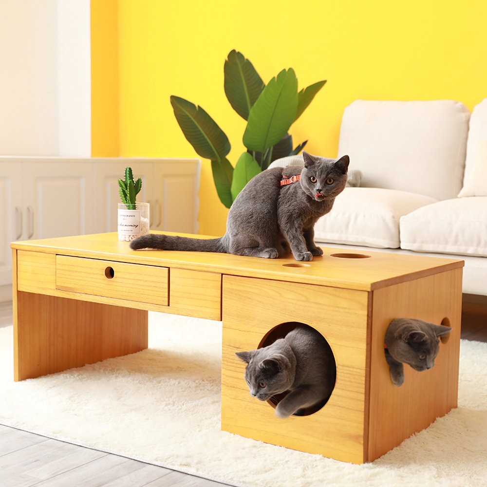 Natural Rectangular Coffee Table with Drawer & Cat Condos