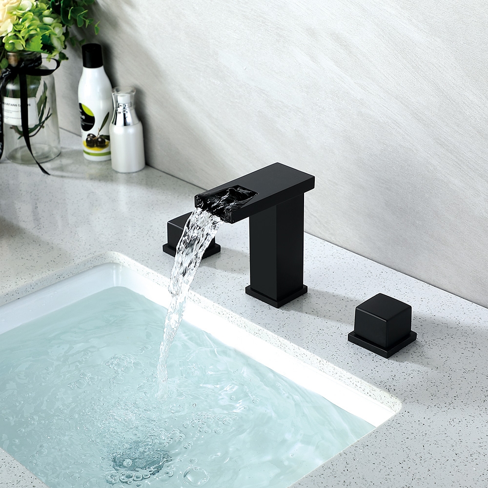 

Waterfall Matte Black Widespread Bathroom Sink Faucet Double Handle Solid Brass