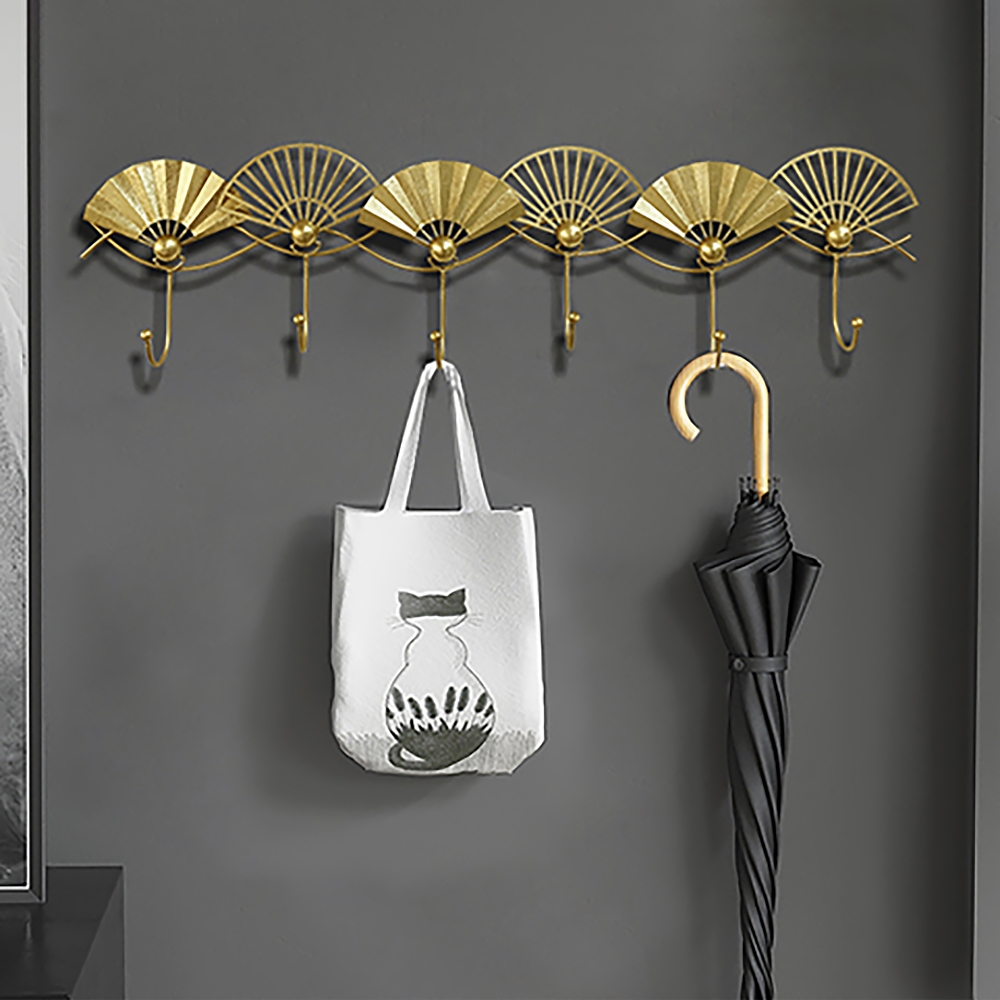 Chic Golden Fan Wall Mounted Coat Rack In Metal Set Of 2