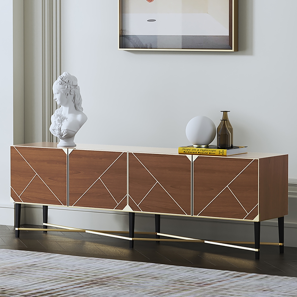 

Mid Century Modern Oak Wood TV Stand with Storage For 75" TV in Gold 4 Doors