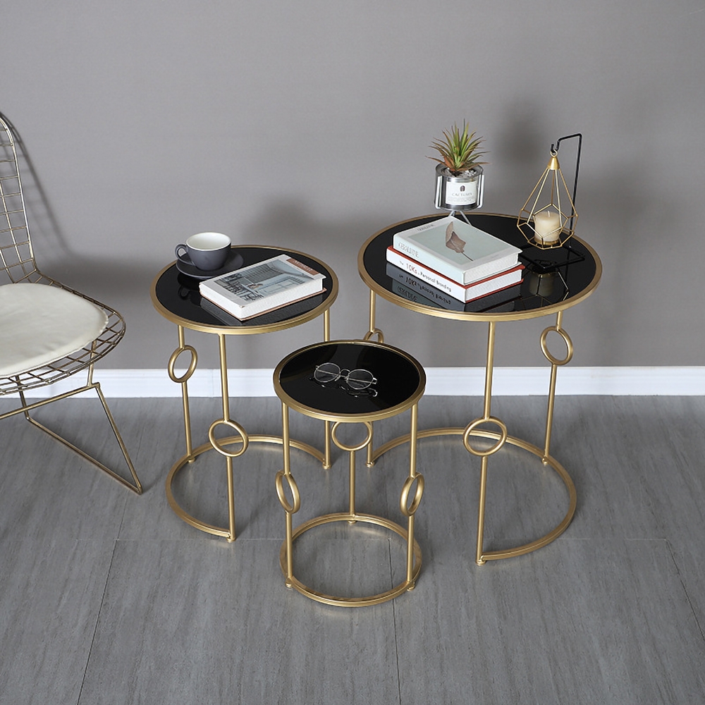 

Set of 3 Modern End Table Glass Top Side Table Metal in Gold