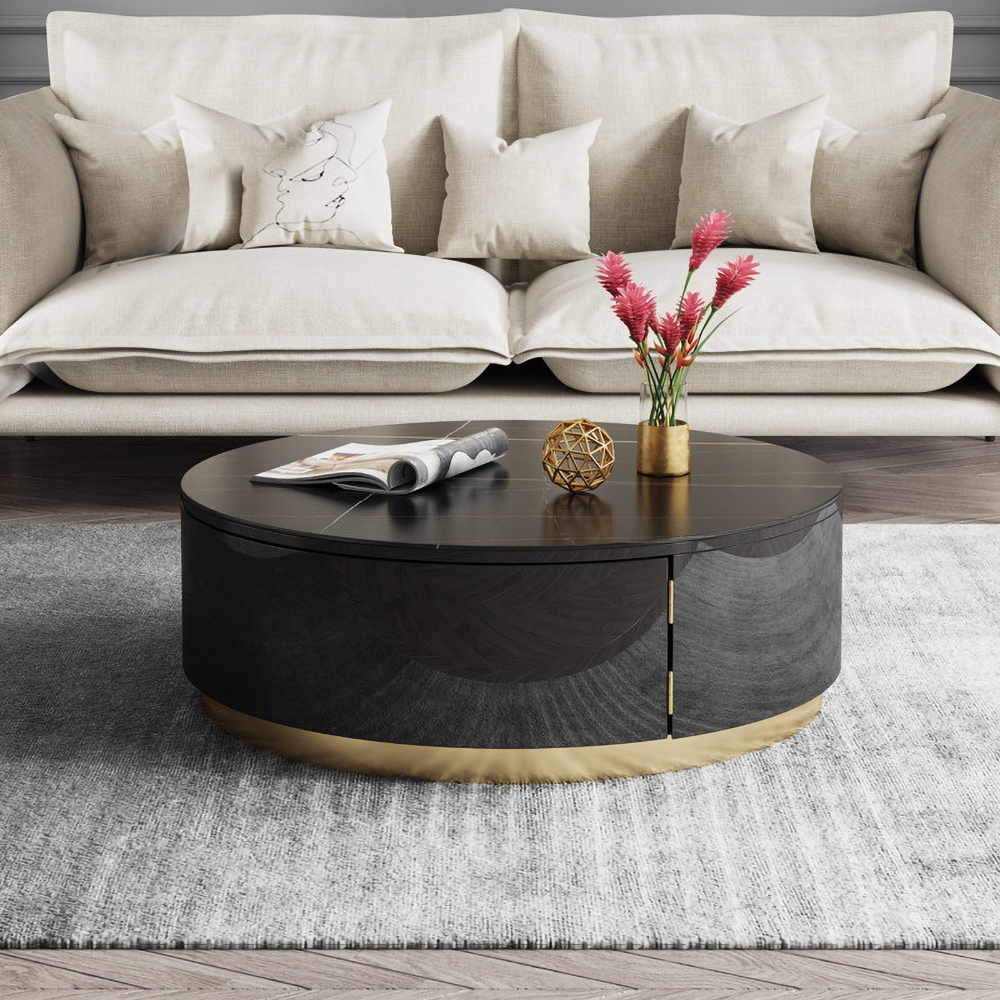 

Black Round Coffee Table with Rotating Drawers Stone Top Stainless Steel Base