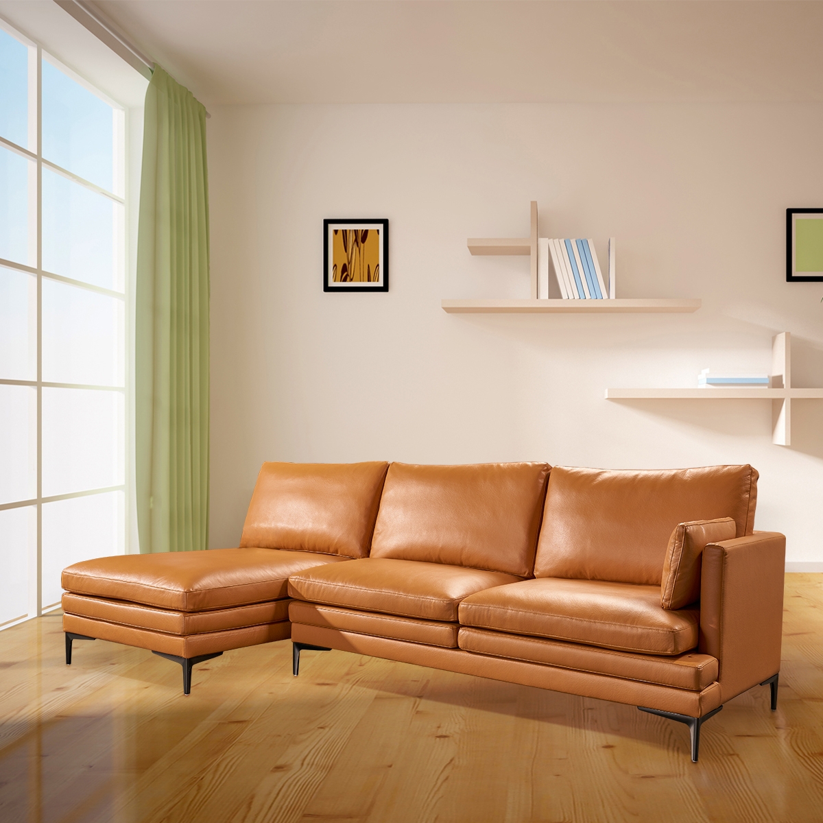 Midcentury Orange Fabric 3 Seat L-shaped Living Room Sectional Sofa Set With Reversible Chaise Lounge