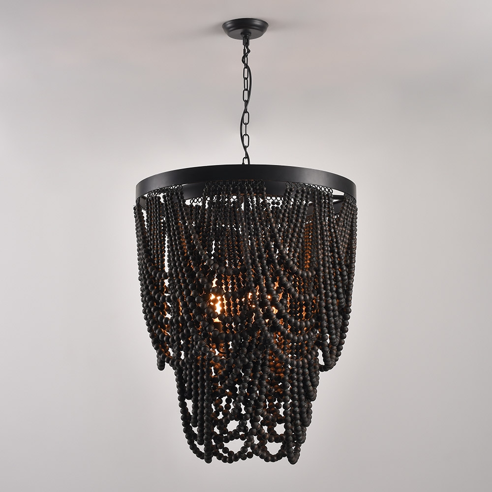

Rustic Farmhouse Dark Brown Wooden Draped Bead 3-Light Chandelier