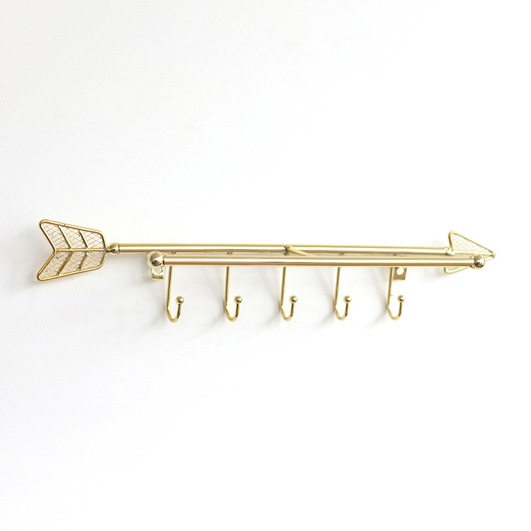 Modern Wall Mounted Metal Jewelry Display 5-hook Decorative Arrow Jewelry Hanger In Polished Gold