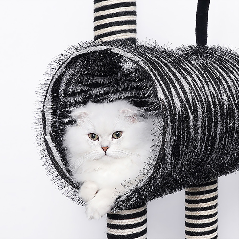 900mm Zebra Cat Tree Tunnel Scratching Post Sisal with Teasing Ball in Black & White