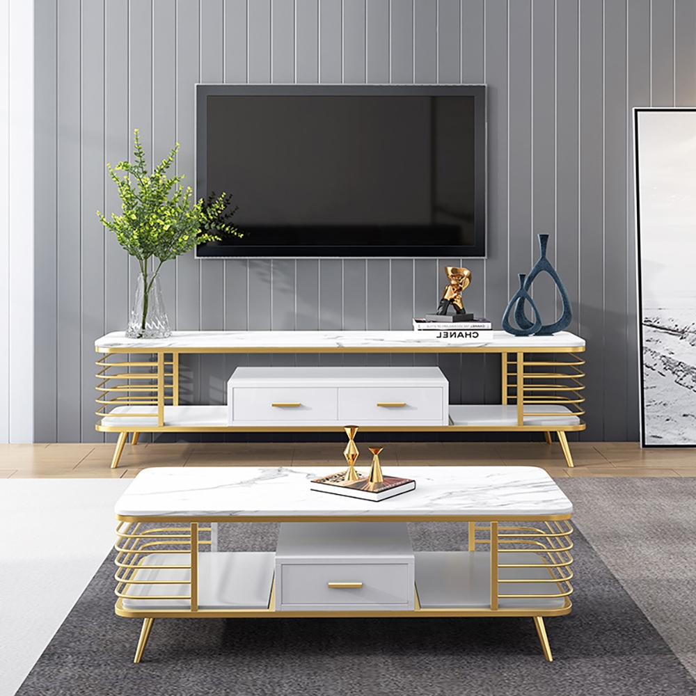 

70" Nordic TV Stand Faux Marble Top 2-Drawer Novelty Entertainment Center in Small