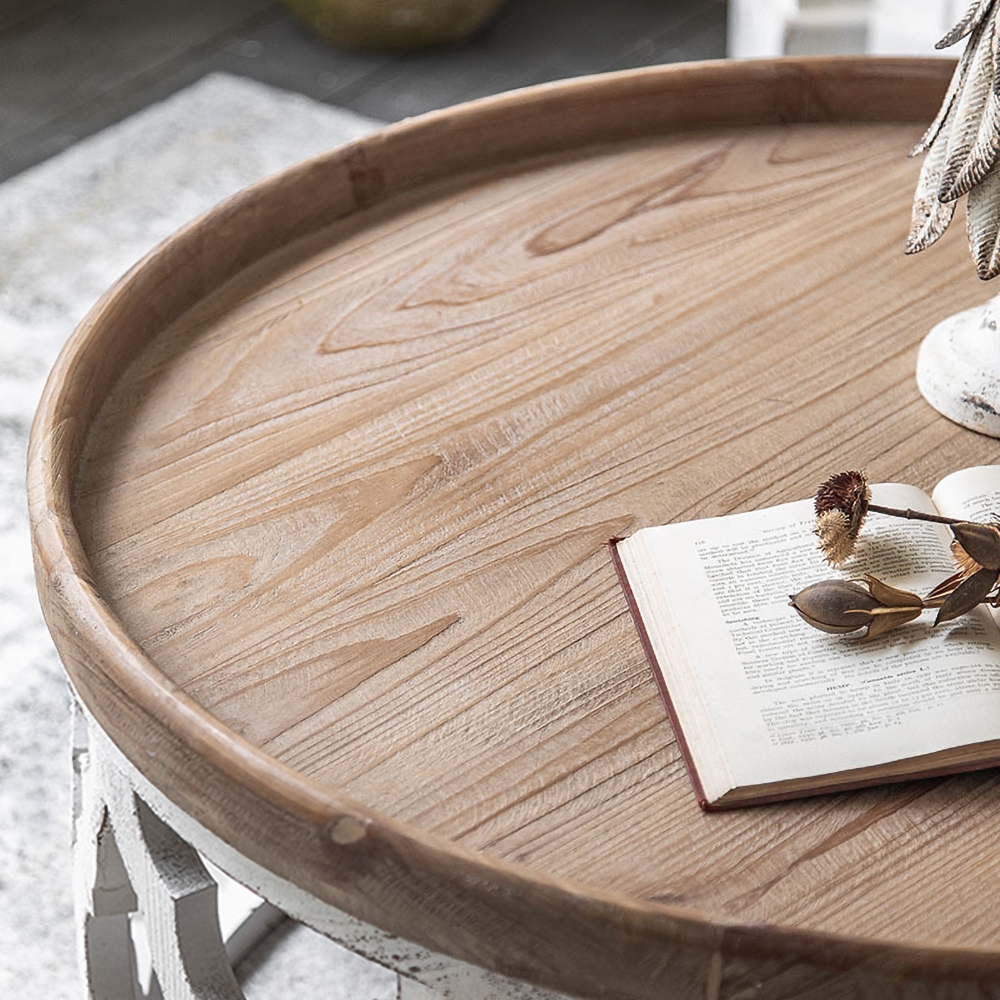 Weißer runder Couchtisch mit Tablett Tischplatte aus Holz geschnitzter Akzenttisch