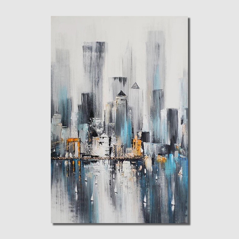 Image of New York Nightscape Skyline Contemporary Abstract Hand Painted Decorative Wall Mount Canvas Art in Large