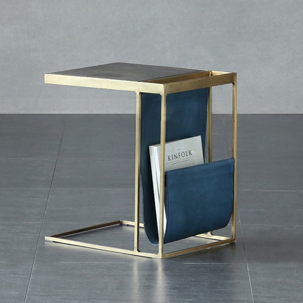 

Natural C-Shaped Rectangle End Table for Living Room with Shelf in Gold