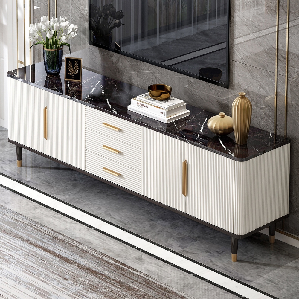 

78.7" Modern TV Stand Black&White Marble Top TV Console with 2 Hinged Doors and 3 Drawers