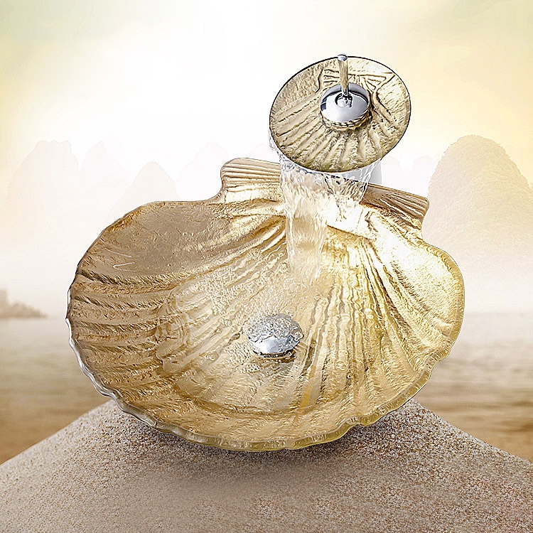 

Luxury Gold Scallop Tempered Glass Vessel Sink with Waterfall Faucet Set in Chrome