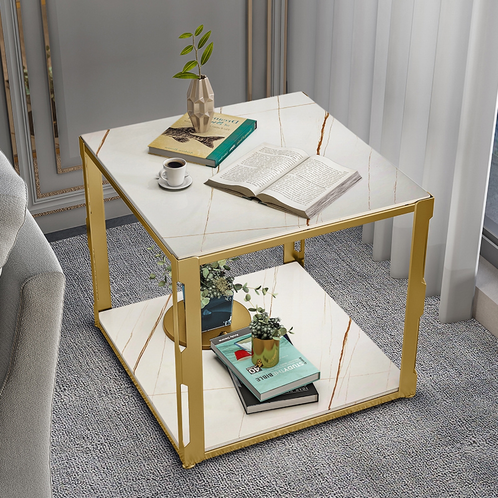 

Gold Square End Table with Shelf Marble Top Side Table Metal