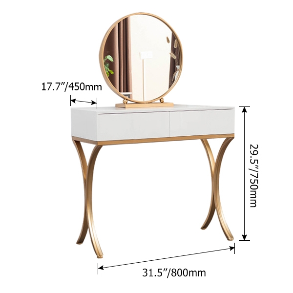 White Wood Makeup Table with Round Mirror & Chair Set Gold Metal Base Small