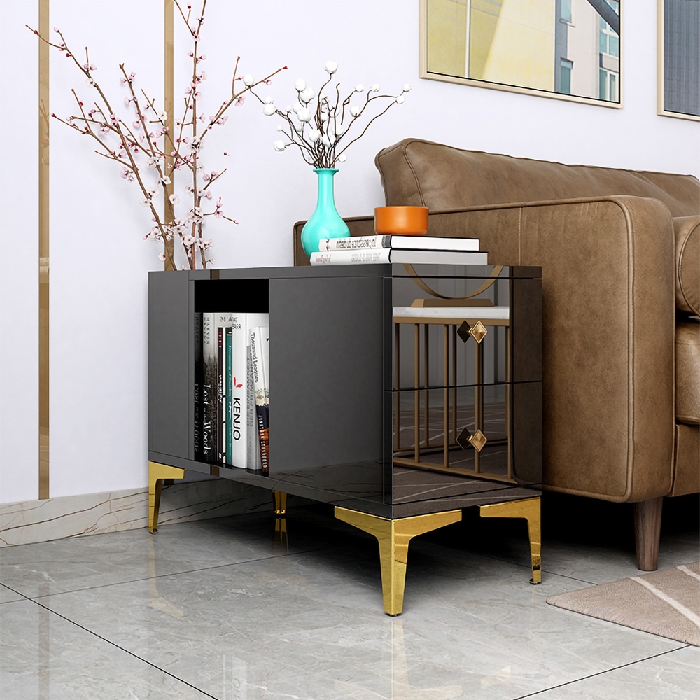 Black End Table with Storage Side Table Metal