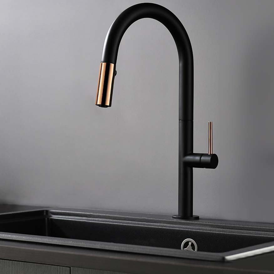 Simple Touch Pull Down Kitchen Tap with Dual Function Single Lever Handle Black & Gold