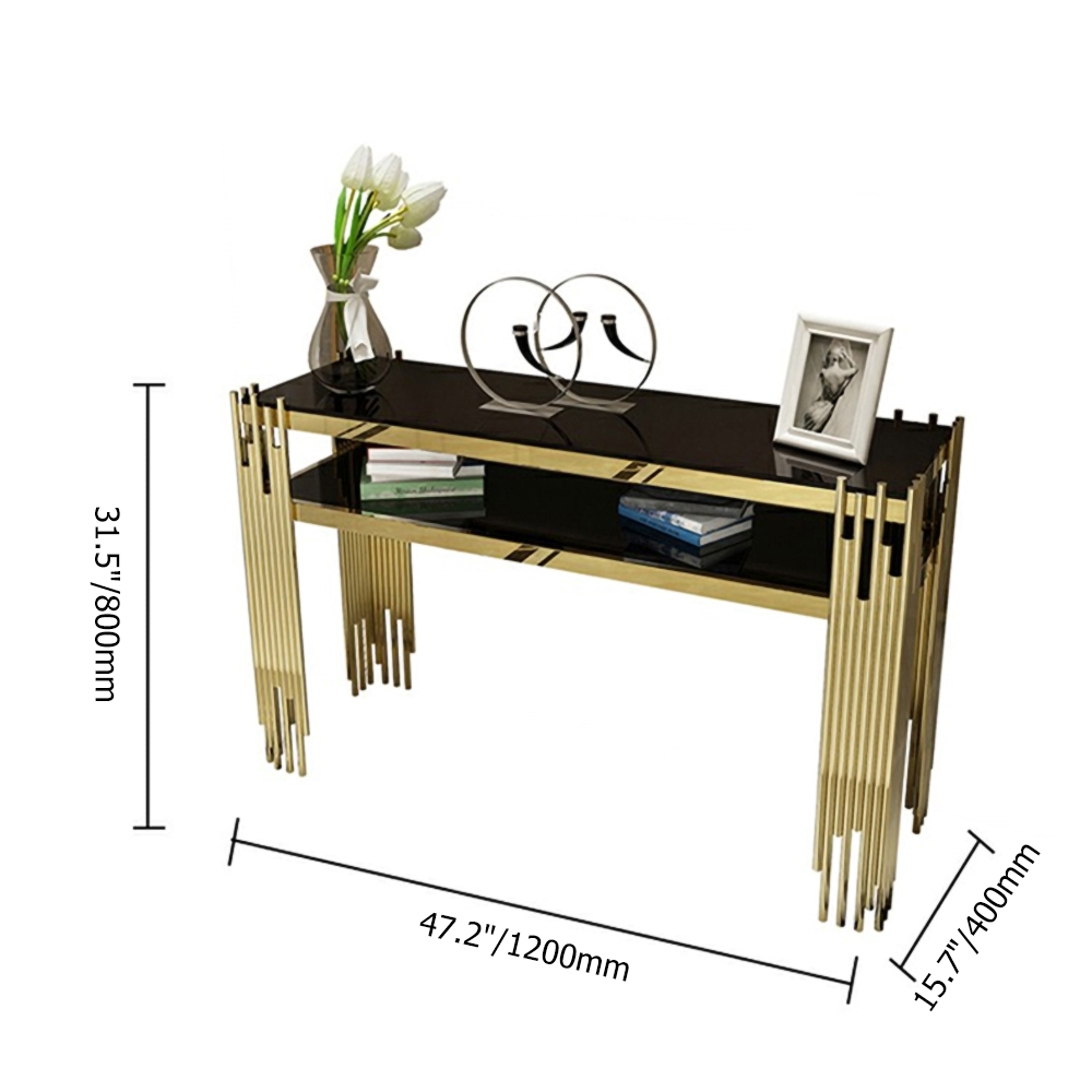 1200mm Modern Black Faux Marble Narrow Console Table with Storage Shelf and 4 Gold Legs