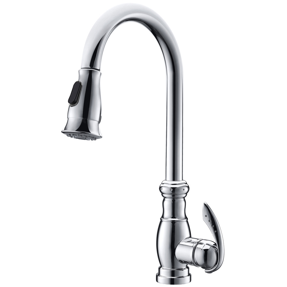 Traditional Swan Neck Monobloc Pull-out Spray Kitchen Tap with Single Lever Handle