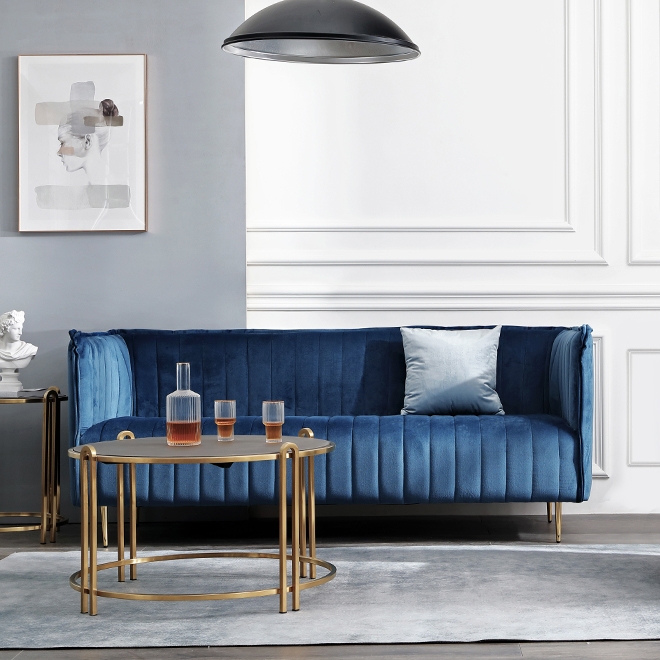 Mid Century Modern Navy Blue Velvet 3 Seater Upholstered Sofa In Gold