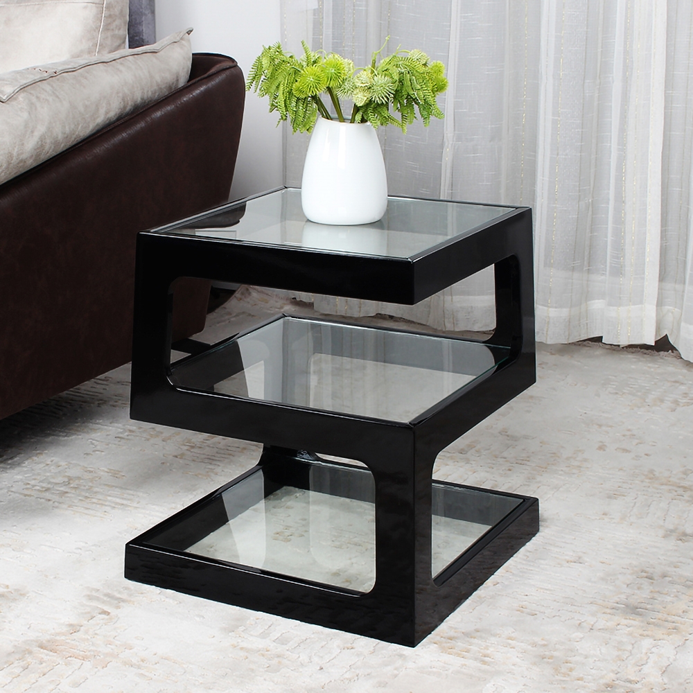 Modern Glass Side Table with 3 Tiers S-shaped End Table in Black