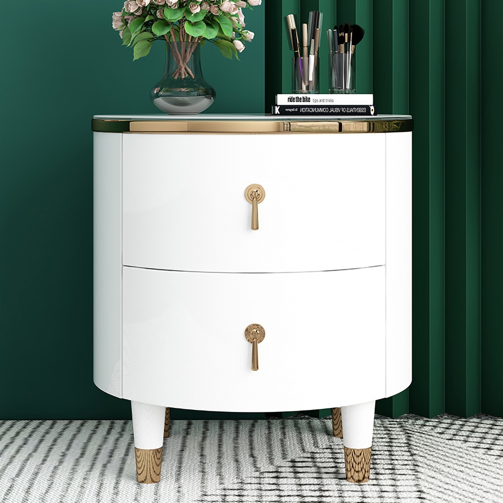 2-Drawer Round Bedside Table Modern White Bedside Table in Gold Finish
