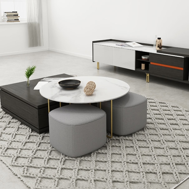 Round and Square Nesting Coffee Table Set with Ottomans and Storage 2 ...