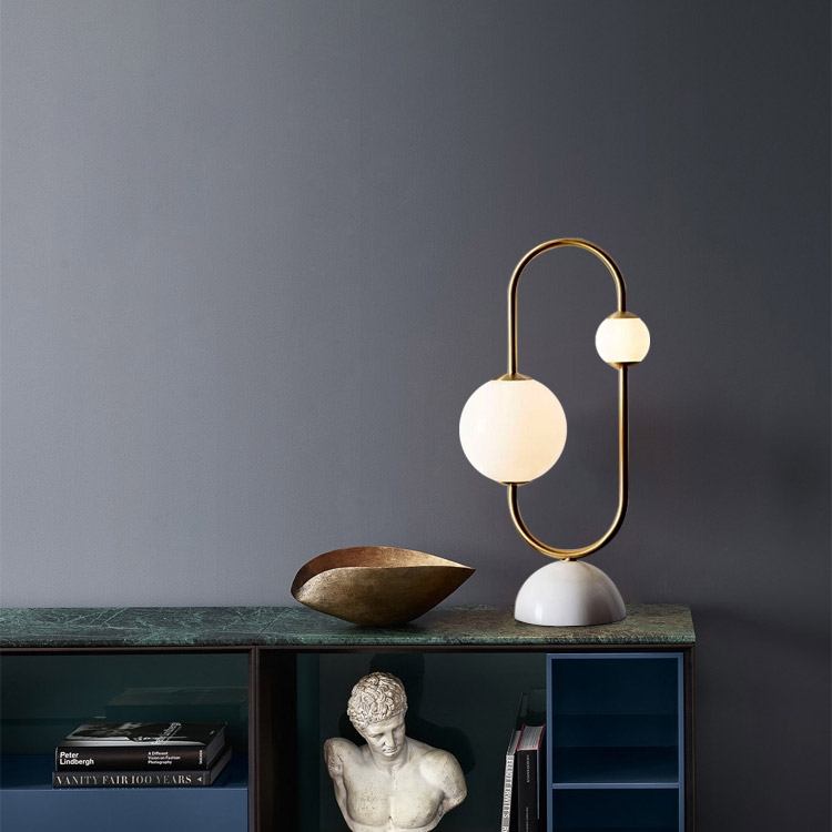 Modern Framed Sphere Table Lamp Glass Shade & Marble Base in Gold