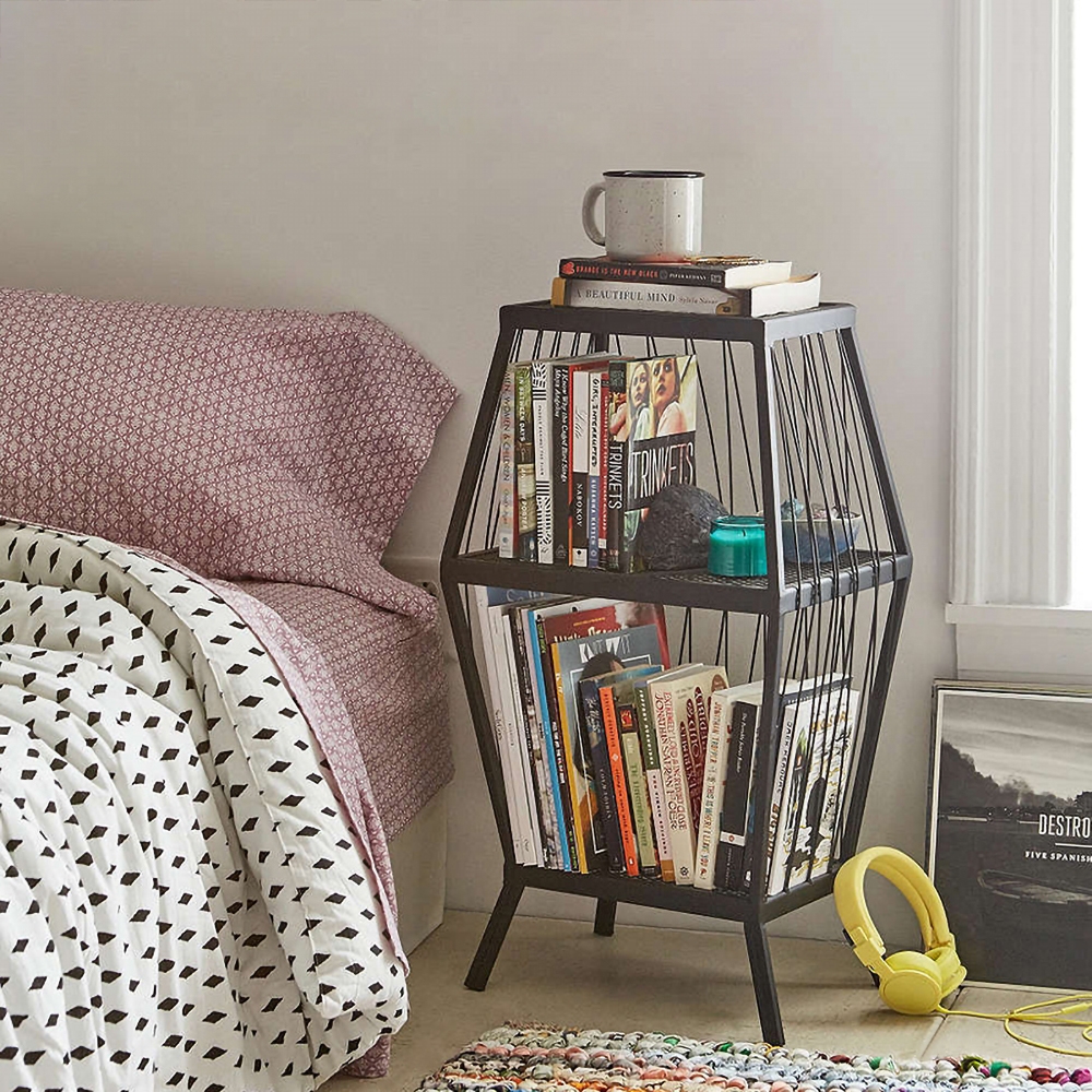 

Black Bedside Table Gold Industrial Bedroom Nightstand with Shelves