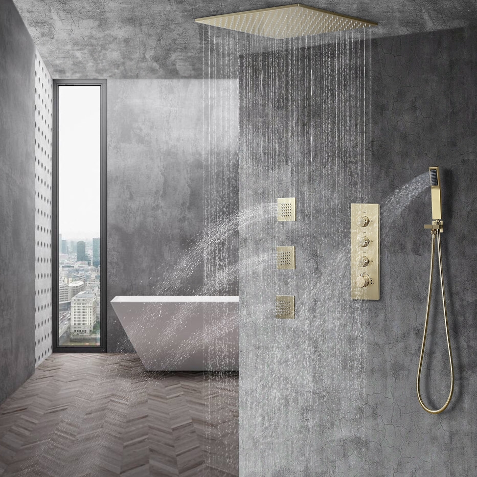 Brushed Gold Thermostatic 500mm Ceiling Mount Rain Shower Mixer with Body Sprays Jets