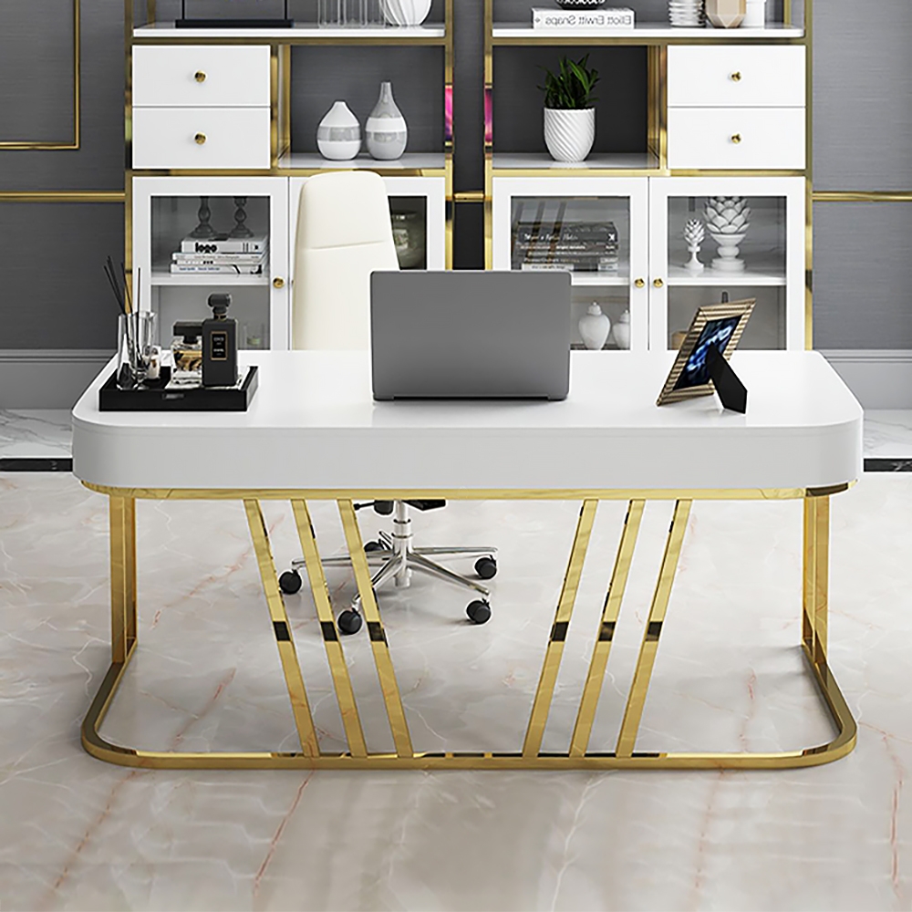 White Rectangular Writing Desk Modern Computer Desk Manufactured Wood in Gold