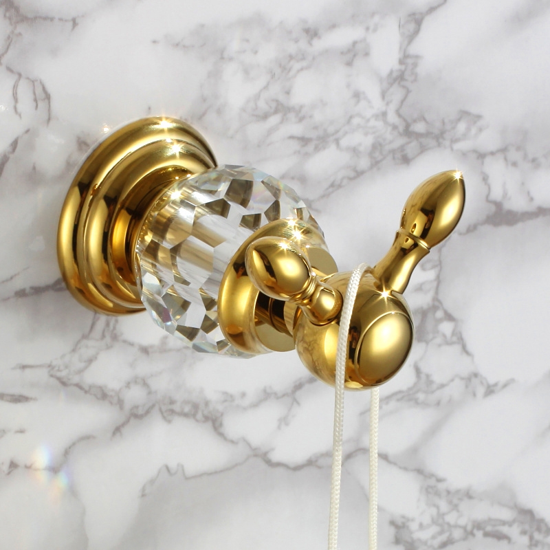 Charles Modern Wall Mounted Clear Crystal Solid Brass Bathroom Double Robe Hook In Gold