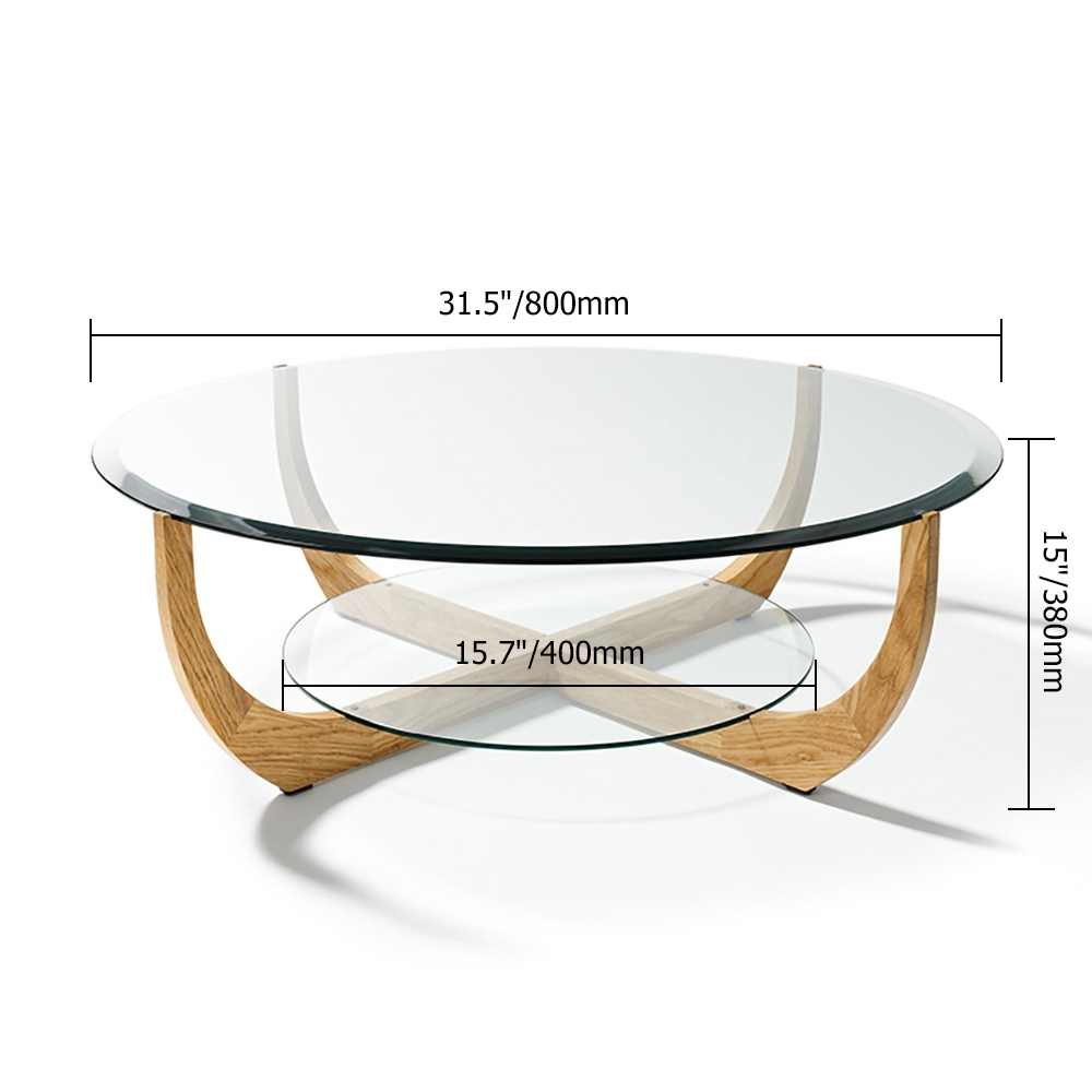 Round 2-Tiered Coffee Table with Shelf Storage Tempered Glass Top